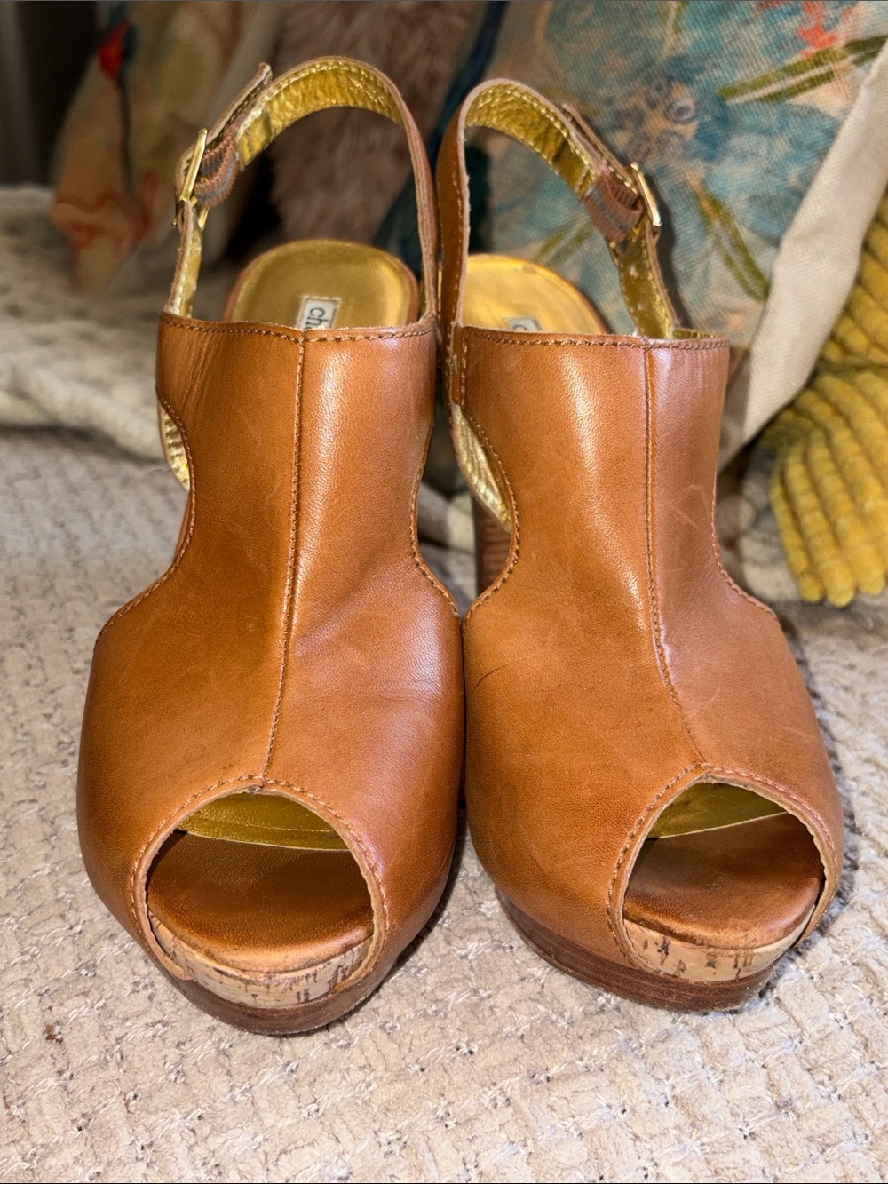 Charles David Tan Leather Peep-Toe Platform Slingbacks Size 7.5B